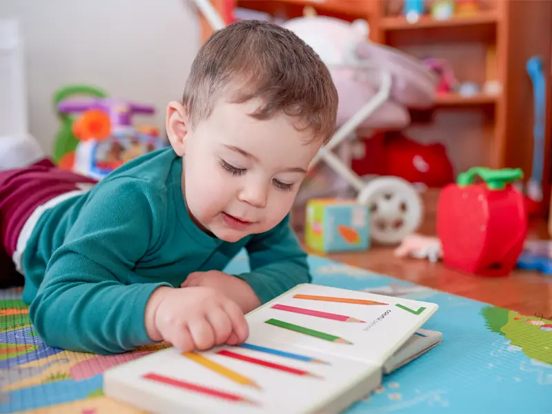 Toddler reading a colorful book